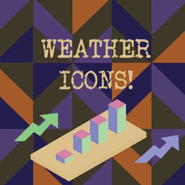 Handschrift Text schreiben Wetter-Icons. Konzept, d.h. aufgetragen auf ein synoptisches Diagramm, das für die Wettervorhersage verwendet wird, buntes gebündeltes 3D-Balkendiagramm in Perspektive mit zwei Pfeilen. — Stockfoto