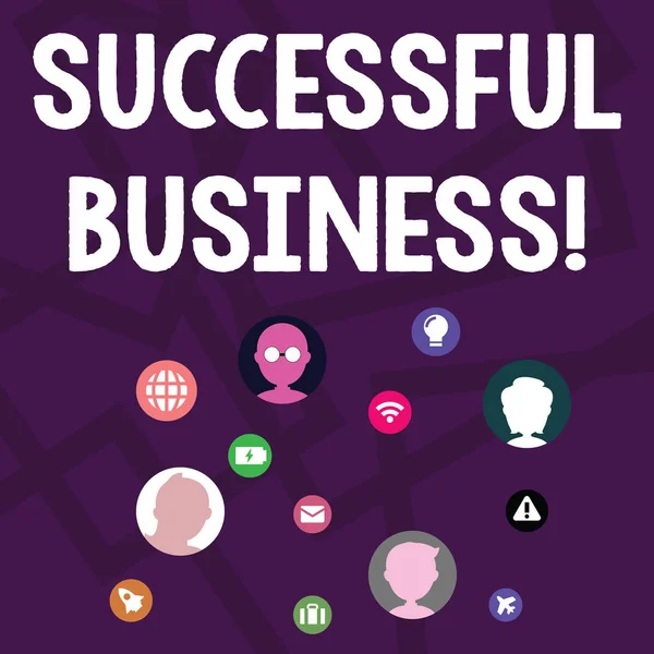 Text sign showing Successful Business. Conceptual photo Achievement of goals within a specified period of time Networking Technical Icons with Chat Heads Scattered on Screen for Link Up. — Stock Photo, Image