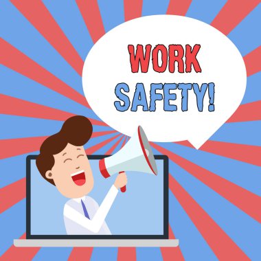 Çalışma güvenliğini gösteren Not yazma. Çalışanların sağlığını güvence altına almak için politikaların ve prosedürlerin sergilenmesini sunan iş fotoğrafı dizüstü bilgisayar üzerinden loudhailer kabarcık duyurusunu yapan adam.