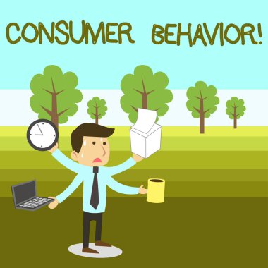 Tüketici davranışı gösteren metin işareti. Bireysel müşterilerin marka ile etkileşimde nasıl kavramsal fotoğraf Etüdü erkek çalışan Yöneticisi çok silahlı multitasking Meet tarihi vurguladı.