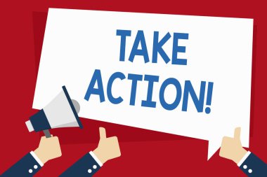 Word yazma metin eylem alın. İş kavramı resmi ya da sorun el Holding megafon ve metin balon ile diğer Iki Gesturing thumbs ile amacı elde etmek için uyumlu bir şey yapmak.