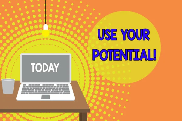 Handwriting text writing Use Your Potential. Concept meaning achieve as much natural ability makes possible Front view open laptop lying on wooden desktop light bulb falling glass.
