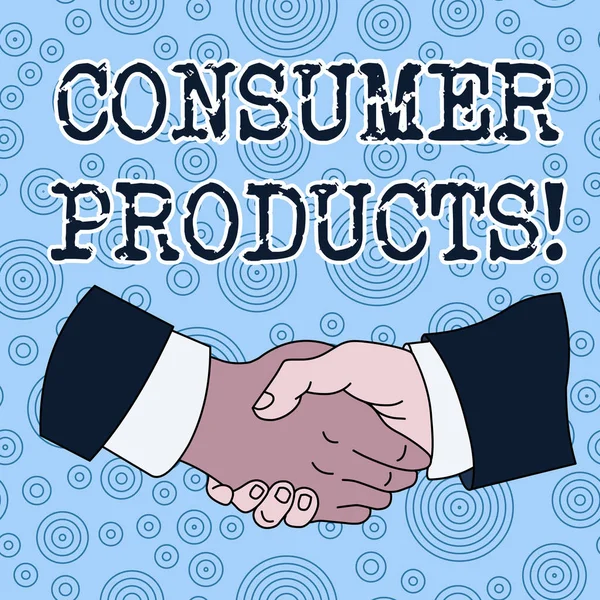 Εννοιολογική γραφή στο χέρι που δείχνει καταναλωτικά προϊόντα. Επιχειρηματικές φωτογραφίες προϊόντα που αγοράζονται για κατανάλωση από το μέσο καταναλωτή χειραψία πολυφυλετικό αρσενικό συναδέλφους επίσημο κοστούμι πουκάμισο. — Φωτογραφία Αρχείου