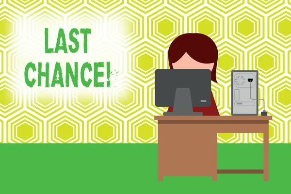 Text sign showing Last Chance. Conceptual photo final opportunity to achieve or acquire something you want Young female working office sitting desktop computer office monitor photo. — Stock Photo, Image