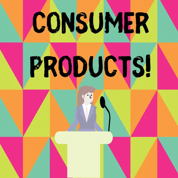 単語を書くテキスト消費者製品。消費者のために購入した商品に関するビジネスコンセプト表彰台の後ろに立って、演壇ワイヤレスマイクで話す. — ストック写真