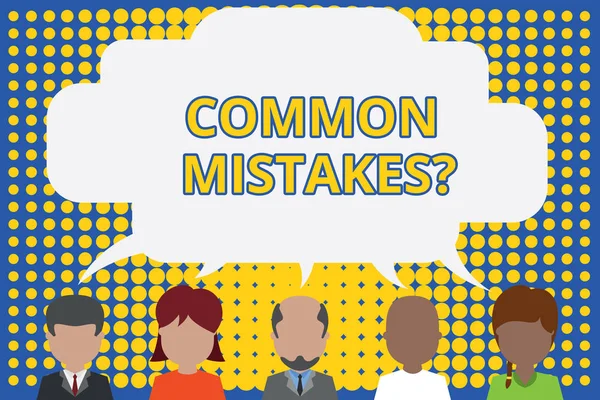 Writing note showing Common Mistakes question. Business photo showcasing repeat act or judgement misguided or wrong Five different persons sharing speech bubble People talking. — Stock Photo, Image