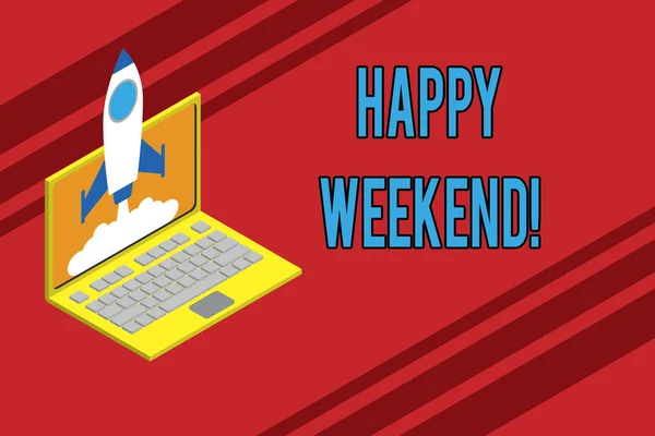 Text sign showing Happy Weekend. Conceptual photo something nice has happened or they feel satisfied with life Rocket launching clouds laptop background. Startup project growing. SEO.