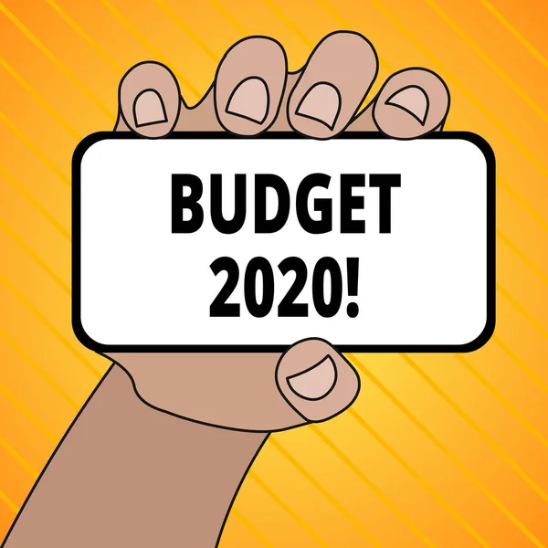 Text sign showing Budget 2020. Conceptual photo estimate of income and expenditure for next or current year Closeup of Smartphone Device Held in Hand with Blank Screen and Text Space.