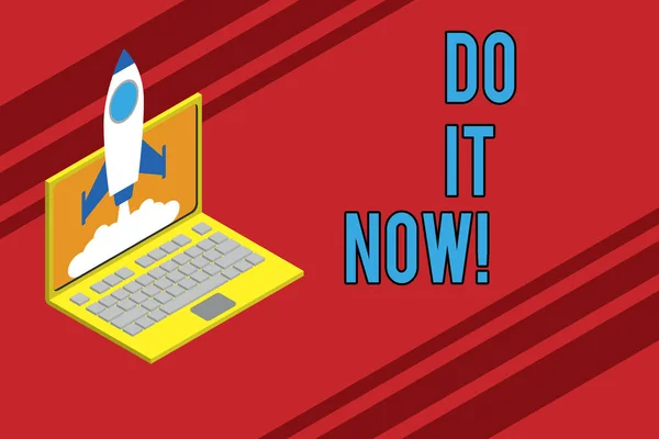 Text sign showing Do It Now. Conceptual photo not hesitate and start working or doing stuff right away Rocket launching clouds laptop background. Startup project growing. SEO.