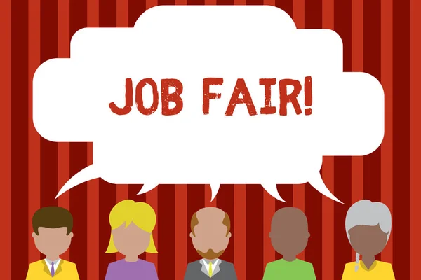 Conceptual hand writing showing Job Fair. Business photo showcasing event in which employers recruiters give information to employees Five different persons sharing speech bubble People talking. — Stock Photo, Image