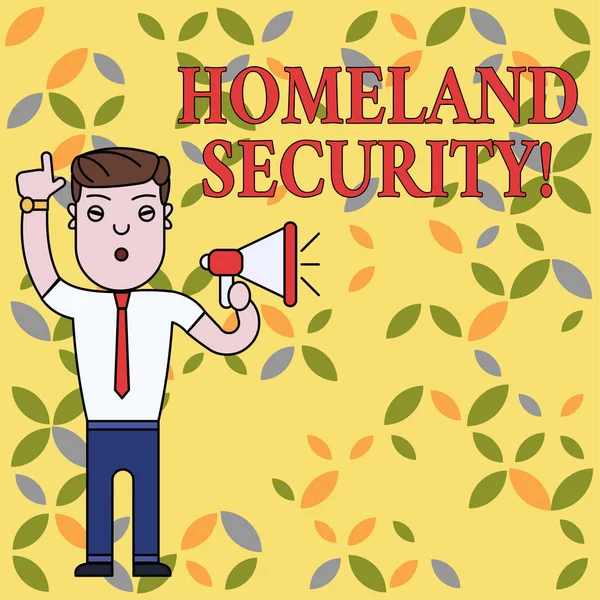 Text sign showing Homeland Security. Conceptual photo federal agency designed to protect the USA against threats Man Standing with Raised Right Index Finger and Speaking into Megaphone.