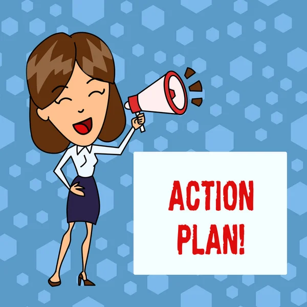 Handwriting text Action Plan. Concept meaning proposed strategy or course of actions for certain time Young Woman Speaking into Blowhorn Volume Icon Colored Backgdrop Text Box.