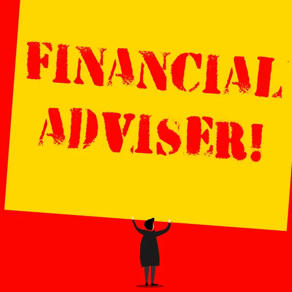 Text sign showing Financial Adviser. Conceptual photo demonstrating who is employed to provide financial services Man stands in back view under huge empty blank big tilted rectangle board.