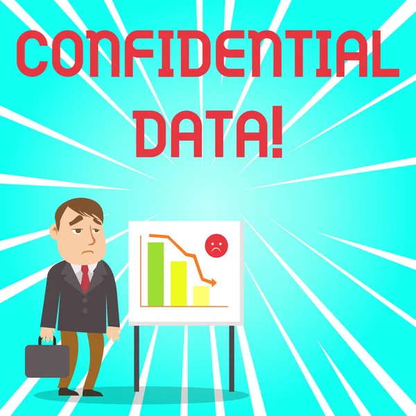 Handwriting text Confidential Data. Concept meaning information that is not available to the general public Businessman Clerk with Brief Case Standing Whiteboard Declining Bar Chart. — Stock Photo, Image