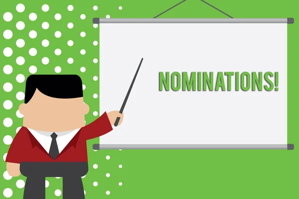 Woord het schrijven van tekst nominaties. Business concept voor de actie van de benoemen of staat wordt genomineerd voor de prijs zakenman staande in front projector scherm wijzend projectidee. — Stockfoto