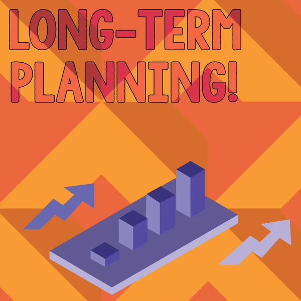 Escribir una nota que muestra la planificación a largo plazo. Foto de negocios mostrando el establecimiento de objetivos que esperaba lograr Gráfico de Gráficos de Barra 3D en Grupo en Perspectiva con Dos Flechas . — Foto de Stock