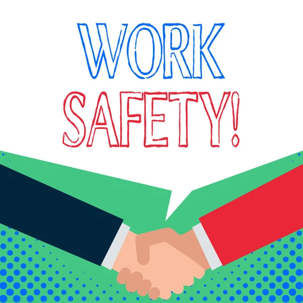 Word writing text Work Safety. Business concept for policies and procedures in place to ensure health of employees Just two men hands shaking showing a deal sharing blank speech bubble above. — Stock Photo, Image