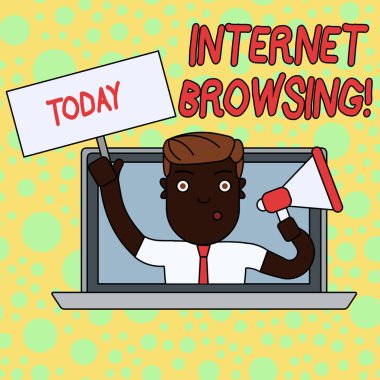 Internet tarama gösteren Not yazma. İş fotoğrafı, hızlı bir şekilde bilgi kümesi üzerinden görünümlü ACT vitrin ile megafon plaka içine laptop Through konuşma.