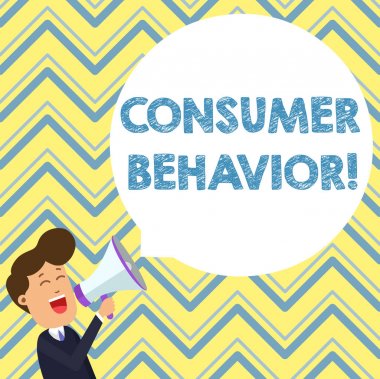 Tüketici davranışını gösteren kavramsal el yazısı. Bireysel müşterilerin marka ile etkileşimde nasıl iş fotoğraf metin çalışması megafon yüzen yuvarlak konuşma kabarcık genç adam çığlık.