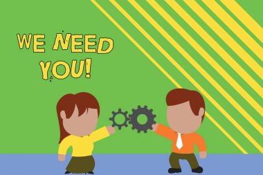 El yazısı metin yazma size Ihtiyacımız var. Kavram anlamı birinin birlikte belirli bir iş veya hedef ayakta genç çift paylaşım dişli çalışmak isteyen. Adam kravat kadın etek ticaret ilişkisi.