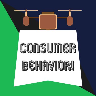 Tüketici davranışı gösteren metin işareti. Bireysel müşterilerin markasıyla etkileşim nasıl kavramsal fotoğraf çalışması aşağı Banner tutarak drone. Geometrik soyut arka plan tasarımı.