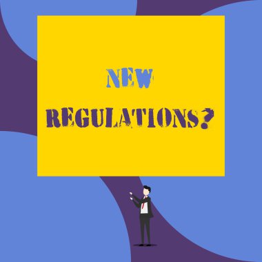 Yeni yönetmelik sorusu gösteren metin işareti. Kavramsal fotoğraf kuralları devlet sipariş kontrol yolu bir şey yapılır yapılmış Izole görünüm genç adam ayakta yukarı iki el büyük dikdörtgen işaret.