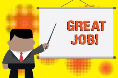 El yazısı metin yazma harika Iş. Konsept anlamı çok iyi Iş Işadamı ayakta proje fikri gösteren ön projektör ekranda yapmış bir şey için birini övme kullanılan.