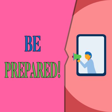 Word yazma metni hazırlıklı olun. İş kavramı her zaman yapmak ya da bir şey ile başa çıkmak için hazır olmak deneyin Izole geometrik arka plan adam göğüs.