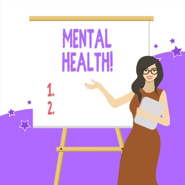 El yazısı metin yazma zihinsel sağlık. Konsept anlam demonstratings durum kendi psikolojik iyi olmak beyaz kadın gözlük stand sunum boş beyaz tahta ile ayakta.