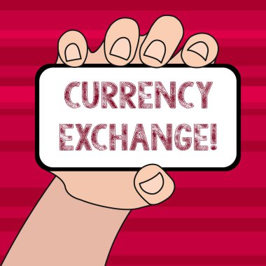 Döviz değişimi gösteren kavramsal el yazısı. Bir para birimi boş ekran ve metin alanı ile el Smartphone başka bir closeup için değiştirilecektir hangi iş fotoğraf metin hızı.