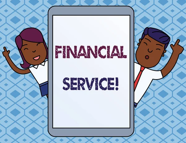 Text sign showing Financial Service. Conceptual photo economic services provided by the finance industry Male and Female Index Fingers Up Touch Screen Tablet Smartphone Device.