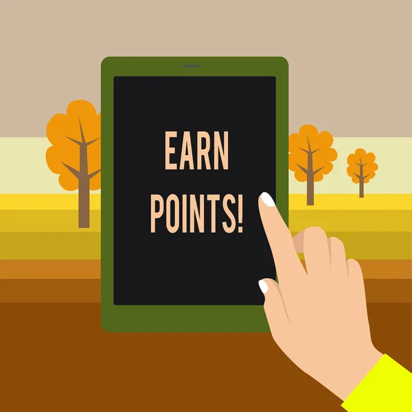 Text sign showing Earn Points. Conceptual photo collecting scores in order qualify to win big prize Female Hand with White Polished Nails Pointing Finger Tablet Screen Off.