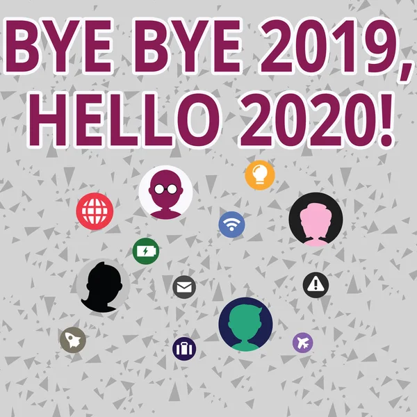Texto de escritura de palabras Bye Bye 2019 Hello 2020 Concepto de negocio para despedirse del año pasado y dar la bienvenida a otro buen Iconos técnicos de networking con jefes de chat dispersos en la pantalla para Link Up . —  Fotos de Stock