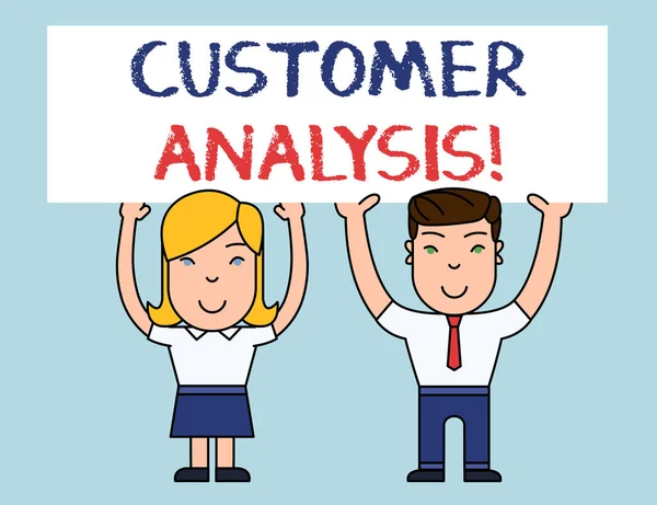 Writing note showing Customer Analysis. Business photo showcasing systematic examination of a company s is customer information Two Smiling People Holding Poster Board Overhead with Hands.