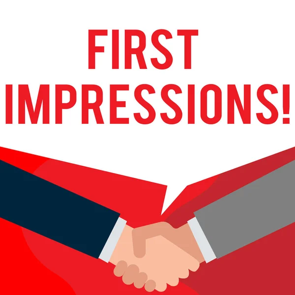 Handwriting text writing First Impressions. Concept meaning first consideration or judgment towards a demonstrating Two persons have bubbly conversation while greet each other and shake hands.