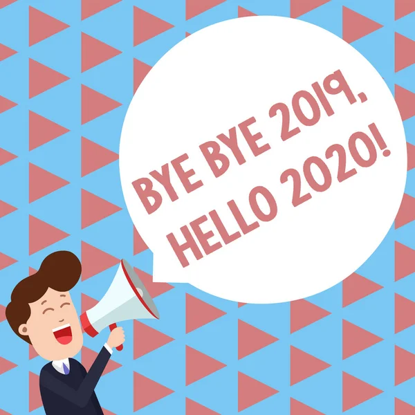 Nota de redação mostrando Bye Bye 2019 Olá 2020. Foto de negócios mostrando dizer adeus ao ano passado e dar as boas-vindas a outro bom Jovem gritando em Megafone Flutuante Round Speech Bubble . — Fotografia de Stock