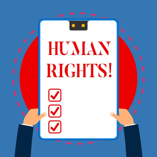 Handwriting text writing Huanalysis Rights. Concept meaning the equality of fighting for your rights individuality White rectangle clipboard with blue frame has two holes holds by hands. — Stock Photo, Image
