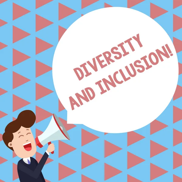 Writing note showing Diversity And Inclusion. Business photo showcasing range huanalysis difference includes race ethnicity gender Young Man Shouting in Megaphone Floating Round Speech Bubble.