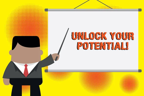 Handwriting text writing Unlock Your Potential. Concept meaning release possibilities Education and good training is key Businessman standing in front projector screen pointing project idea.