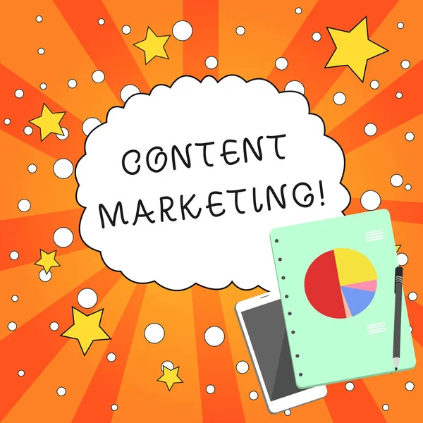 Writing note showing Content Marketing. Business photo showcasing involves the creation and sharing of online material Layout Smartphone Off Ballpoint Notepad Business Pie Chart. — Stock Photo, Image