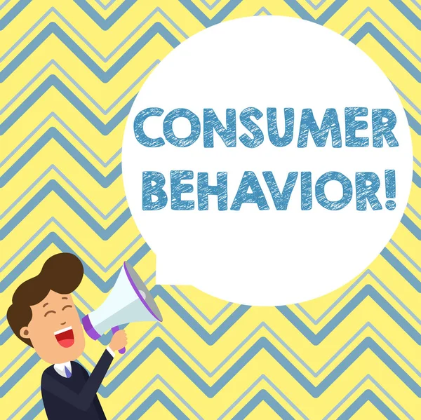 Conceptual hand writing showing Consumer Behavior. Business photo text study of how individual customers interacts with the brand Young Man Shouting in Megaphone Floating Round Speech Bubble.