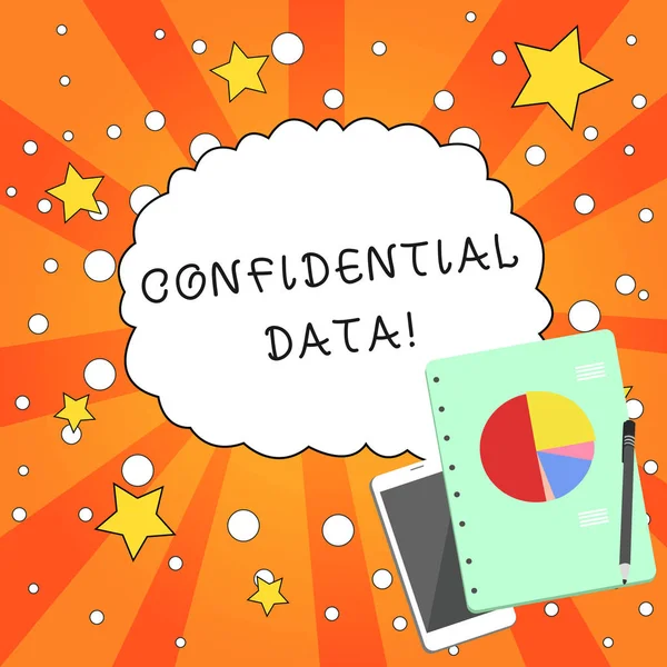 Writing note showing Confidential Data. Business photo showcasing information that is not available to the general public Layout Smartphone Off Ballpoint Notepad Business Pie Chart. — Stock Photo, Image