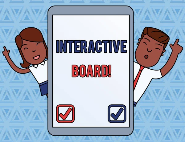 Handwriting text Interactive Board. Concept meaning standalone touchscreen computer used independently Male and Female Index Fingers Up Touch Screen Tablet Smartphone Device. — Stock Photo, Image