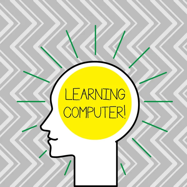 Text sign showing Learning Computer. Conceptual photo learn more about each of the components in the computer Outline Silhouette Human Head Surrounded by Light Rays Blank Text Space. — Stock Photo, Image