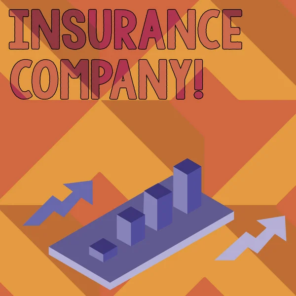 보험 회사를 보여주는 노트 작성. 두 개의 화살표가 있는 관점에서 클러스터 된 공용 3d 막대 차트 그래프에 보험 정책을 제공 하는 기업 사진 전시 회사. — 스톡 사진