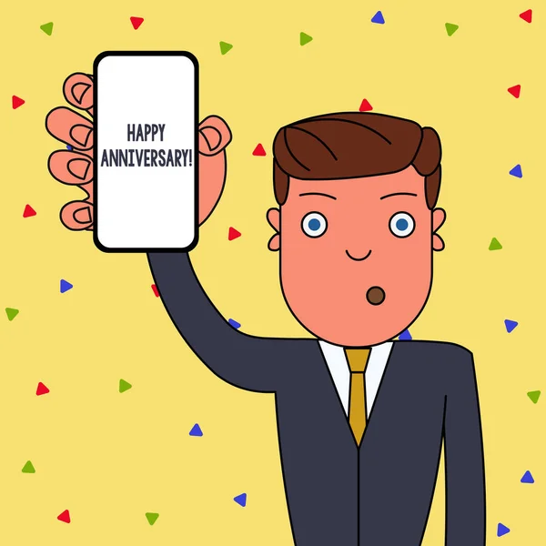 Parola scrittura testo Buon Anniversario. Business concept per la data annuale ricorrente di una celebrazione di eventi passati Man Holding Vertically Smartphone Device with Blank Screen for Attention . — Foto Stock