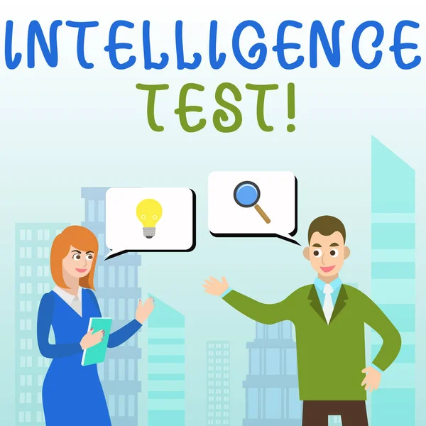 Handwriting text writing Intelligence Test. Concept meaning test designed to measure the ability to think and reason Business Partners Colleagues Jointly Seeking Problem Solution Generate Idea.