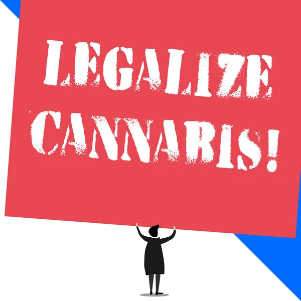 Koncepcyjny pisania ręcznego pokazano Legalize Cannabis. Business Photo gablota prawa, które zalegalizowane zażywania marihuany na całym kraju stojący krótki włosy kobieta sukienka ręce w górę trzymając prostokąt. — Zdjęcie stockowe