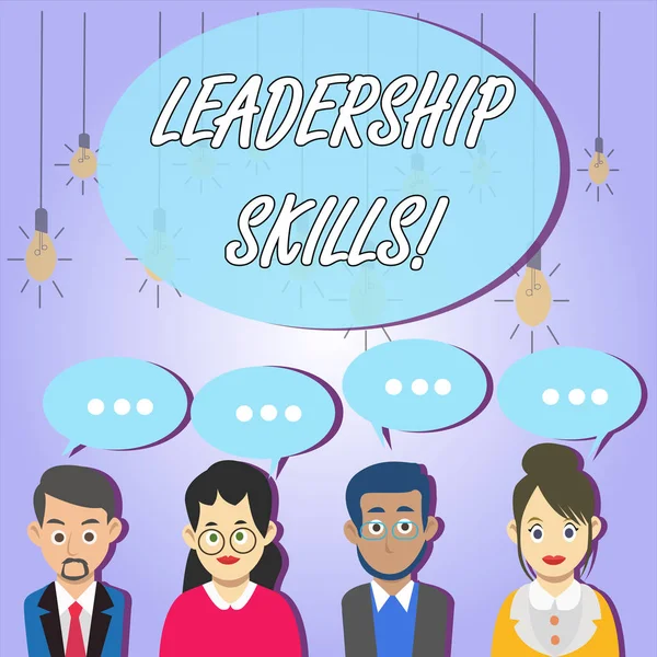 Writing note showing Leadership Skills. Business photo showcasing Skills and qualities that leaders possess Taking a lead Group of Business People with Speech Bubble with Three Dots.