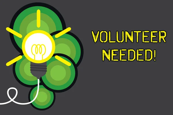 Text sign showing Volunteer Needed. Conceptual photo need work for organization without being paid Big idea light bulb. Successful turning idea invention innovation. Startup.